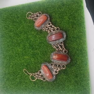 Sterling 7.5 B3021  antique Art Deco sterling silver bracelet Carnelian Stones
